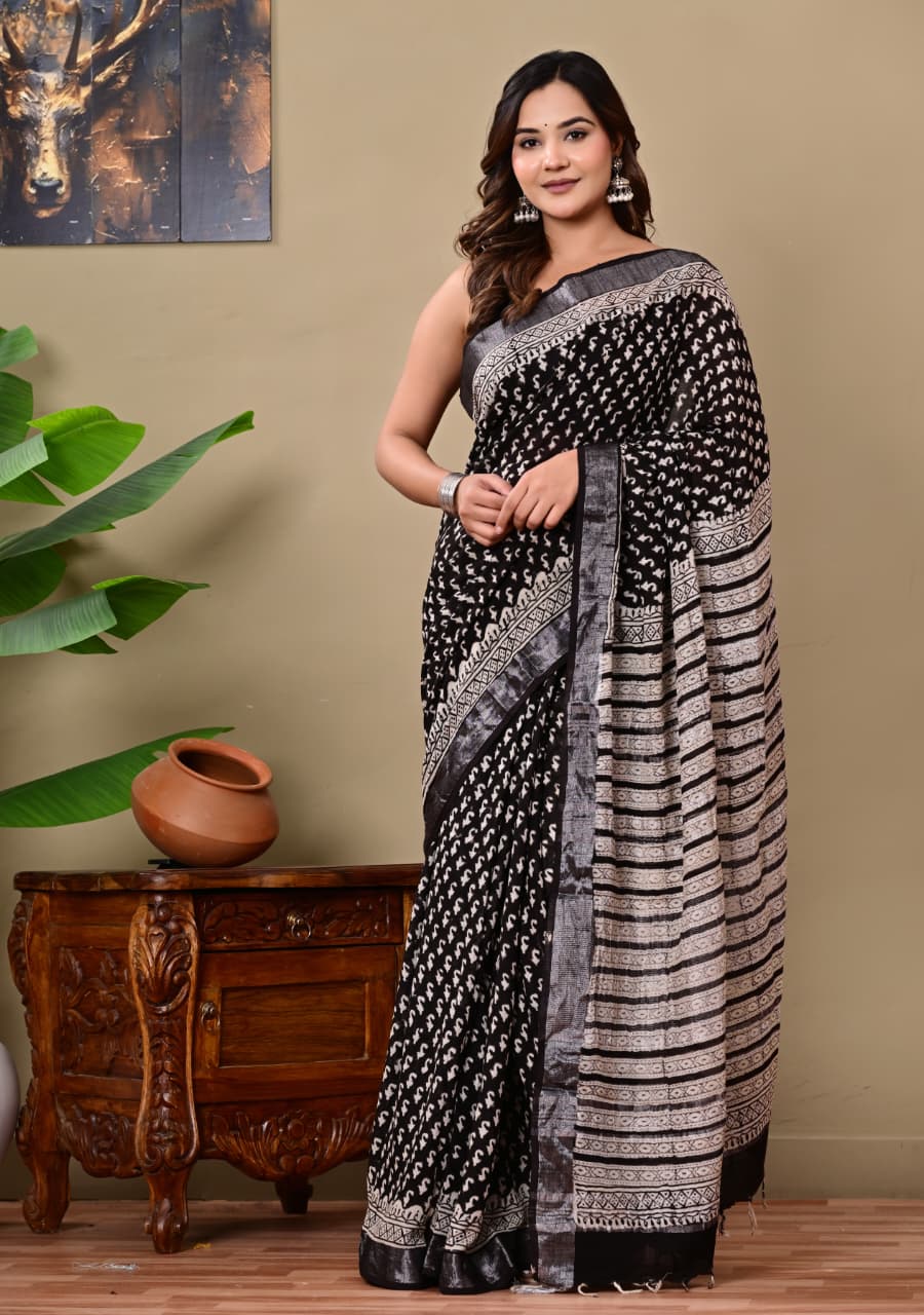 Handblock Print Linen Saree
