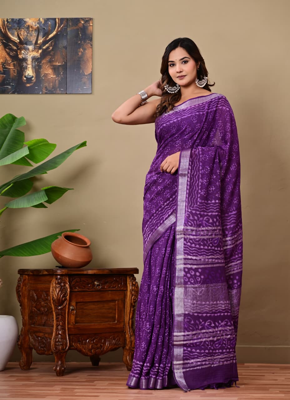 Handblock Print Linen Saree