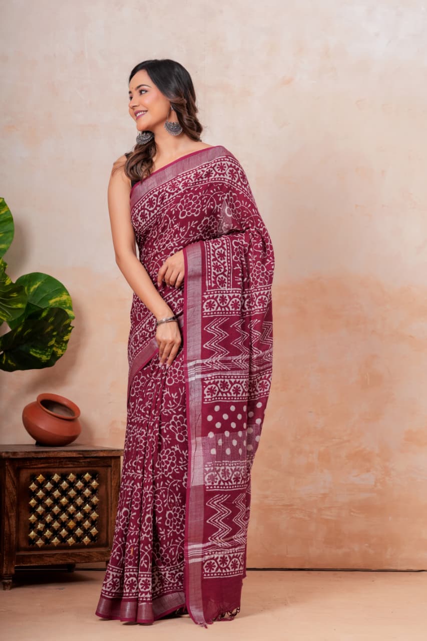 Handblock Print Linen Saree