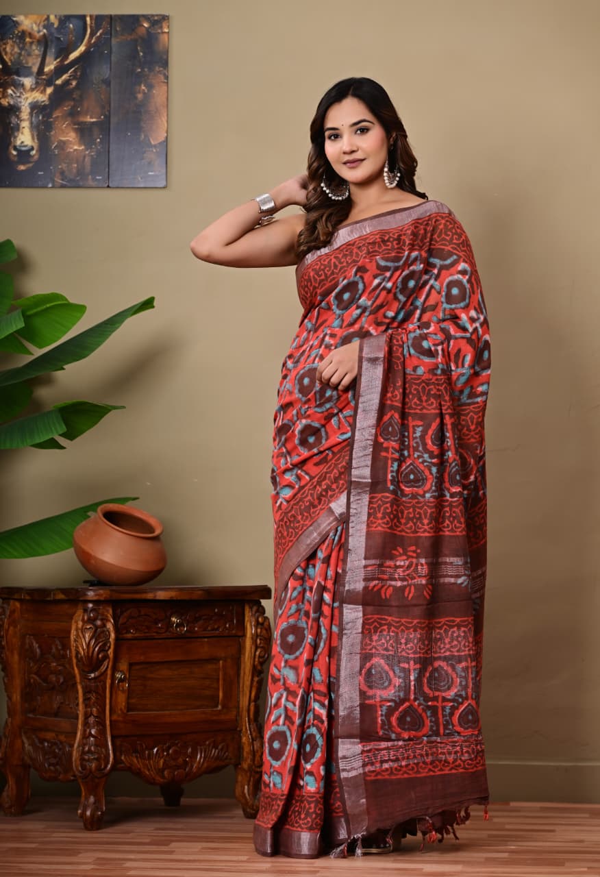 Handblock Print Linen Saree