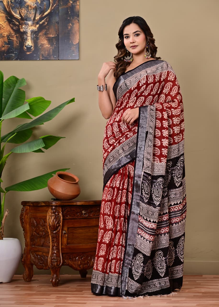Handblock Print Linen Saree