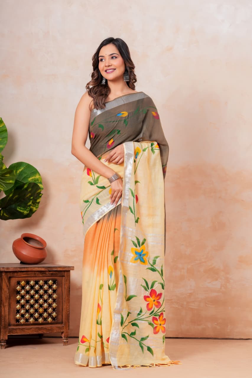 Handblock Print Linen Saree