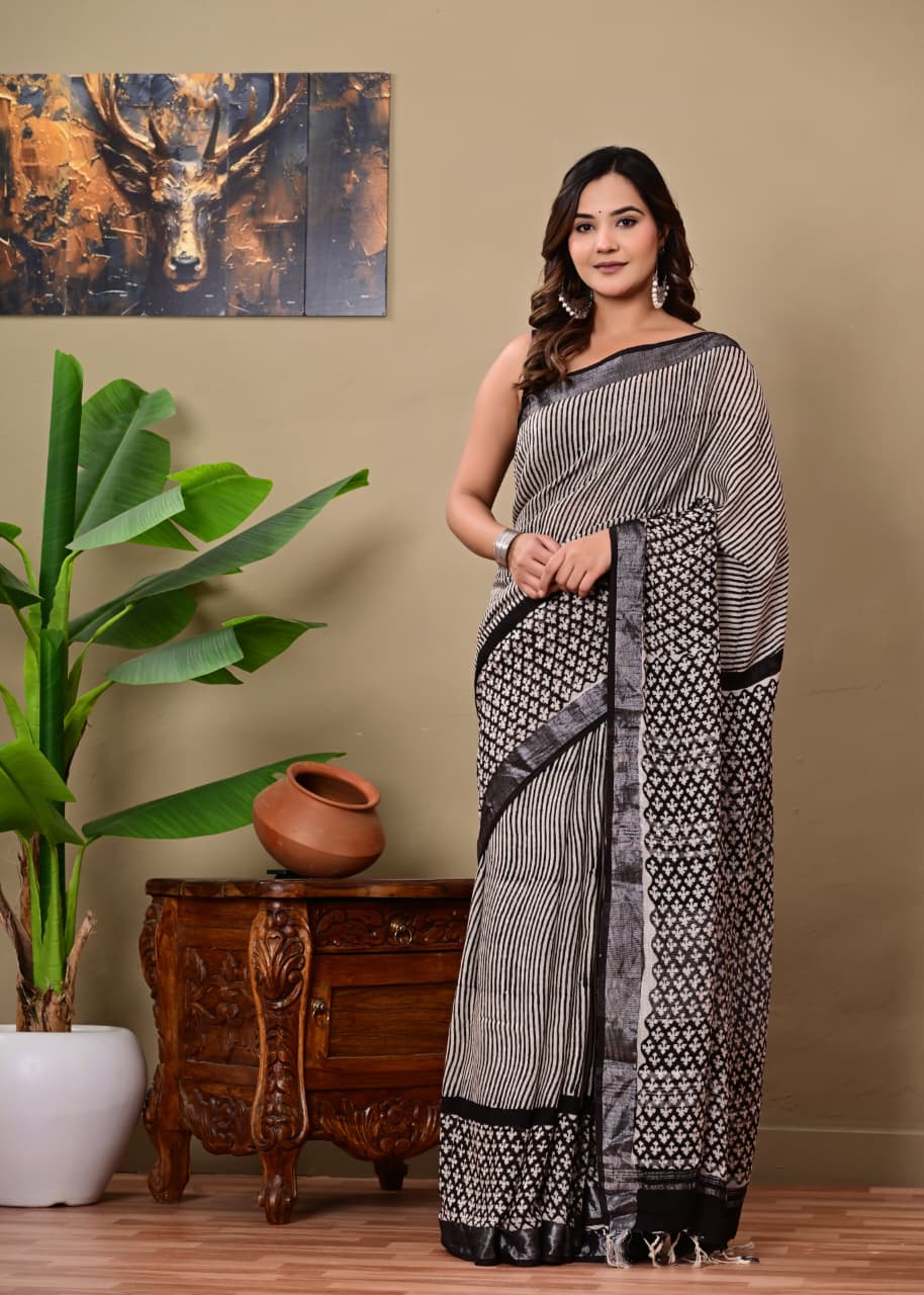 Handblock Print Linen Saree