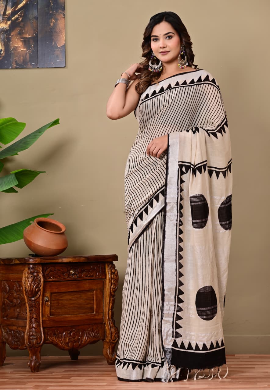 Handblock Print Linen Saree