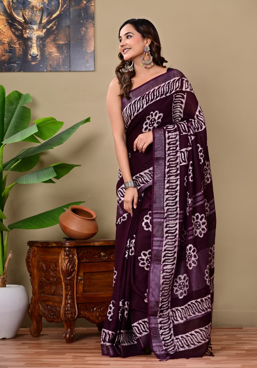Handblock Print Linen Saree