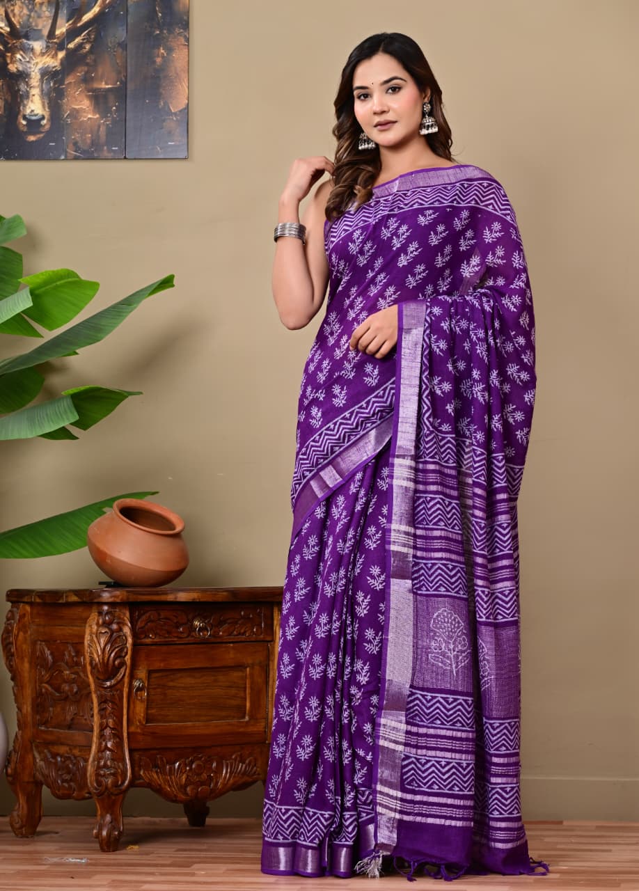 Handblock Print Linen Saree