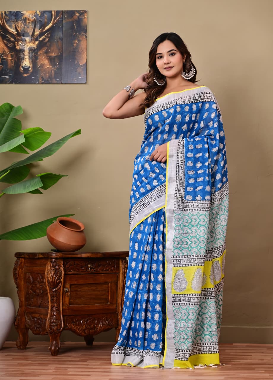Handblock Print Linen Saree