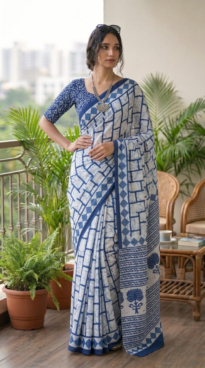 Premium Handblock Print Cotton Saree with Running Blouse