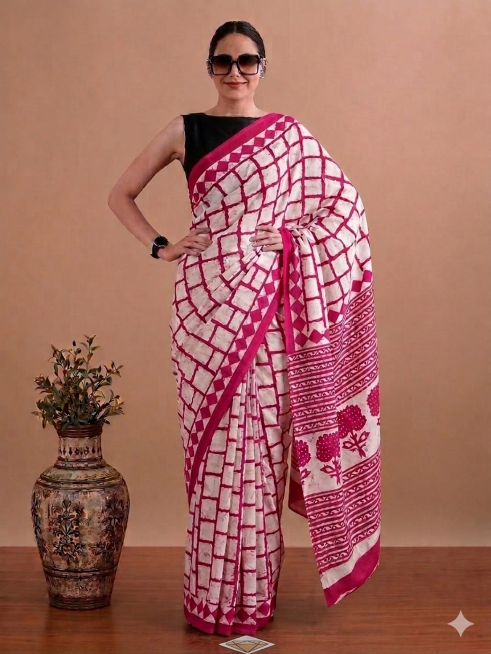 Premium Handblock Print Cotton Saree with Running Blouse