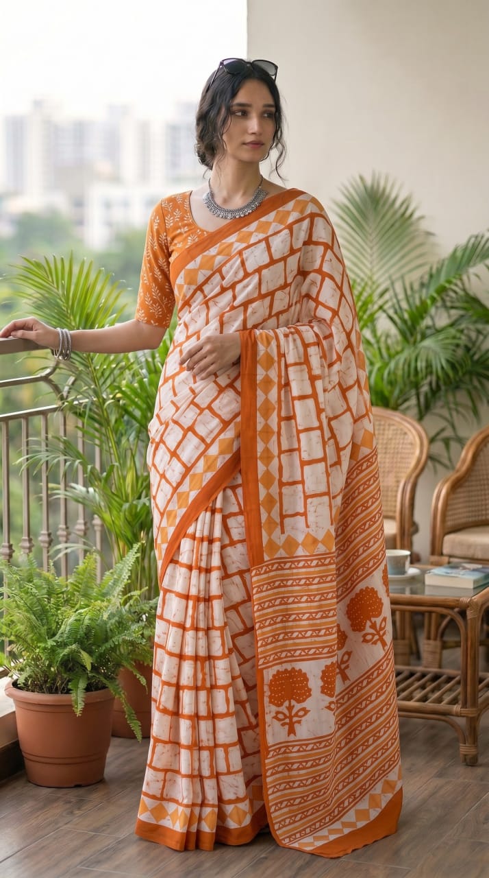 Premium Handblock Print Cotton Saree with Running Blouse