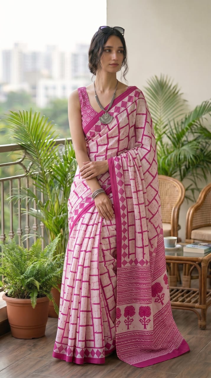 Premium Handblock Print Cotton Saree with Running Blouse