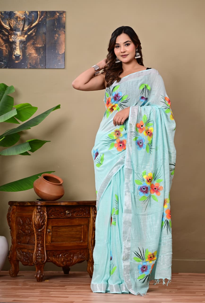 Handblock Print Linen Saree