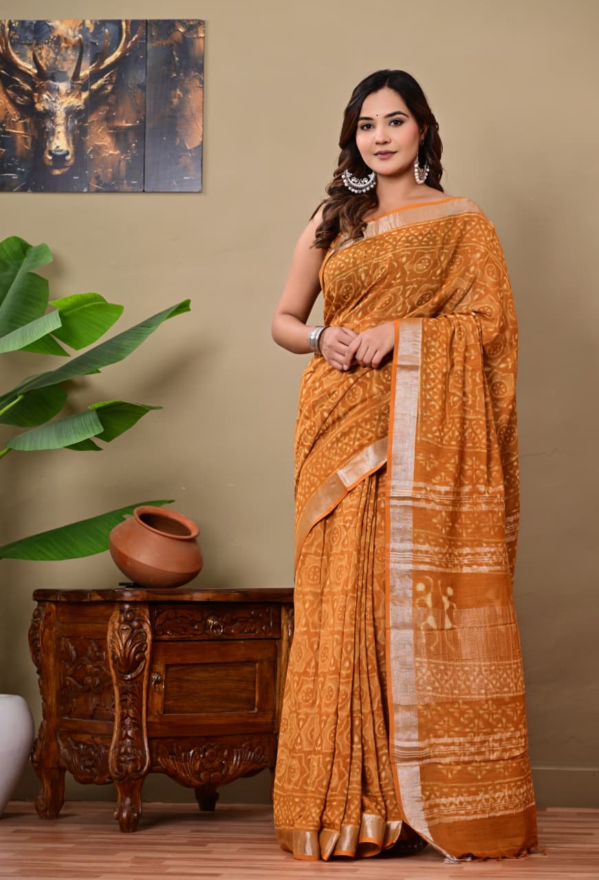 Handblock Print Linen Saree