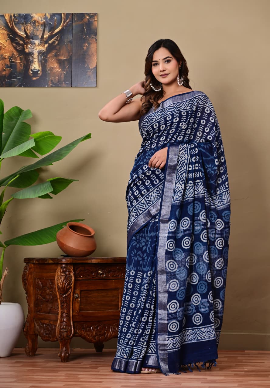 Handblock Print Linen Saree